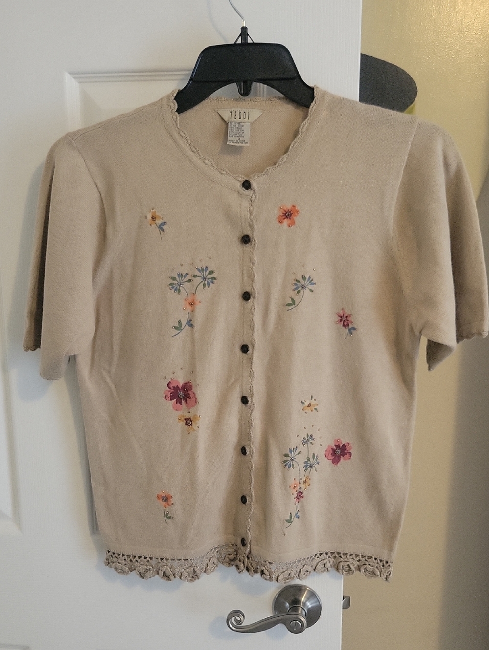 Teddi Beige Knit Rami/cotton grannycorp Embroidered beaded Top with Crochet Trim